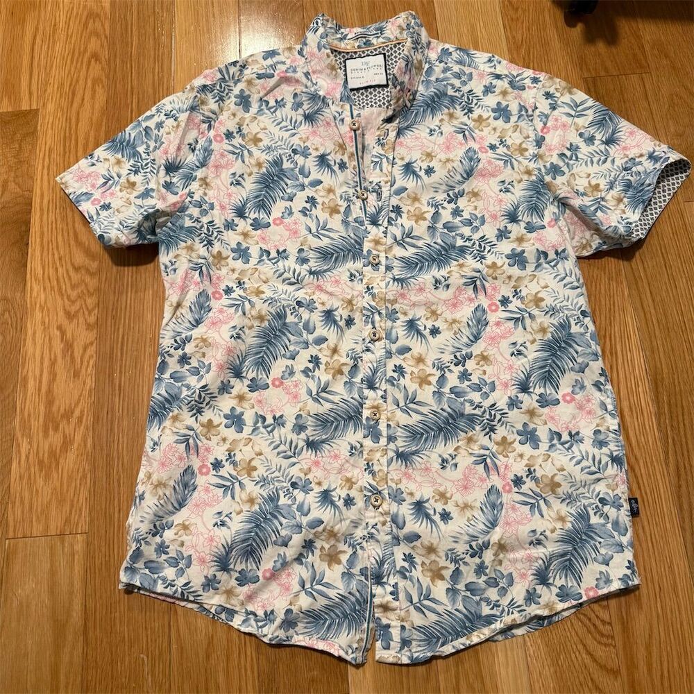 Denim & Flower Slim Fit Men's Floral Short Sleeve Shirt Size L Multicolor Casual